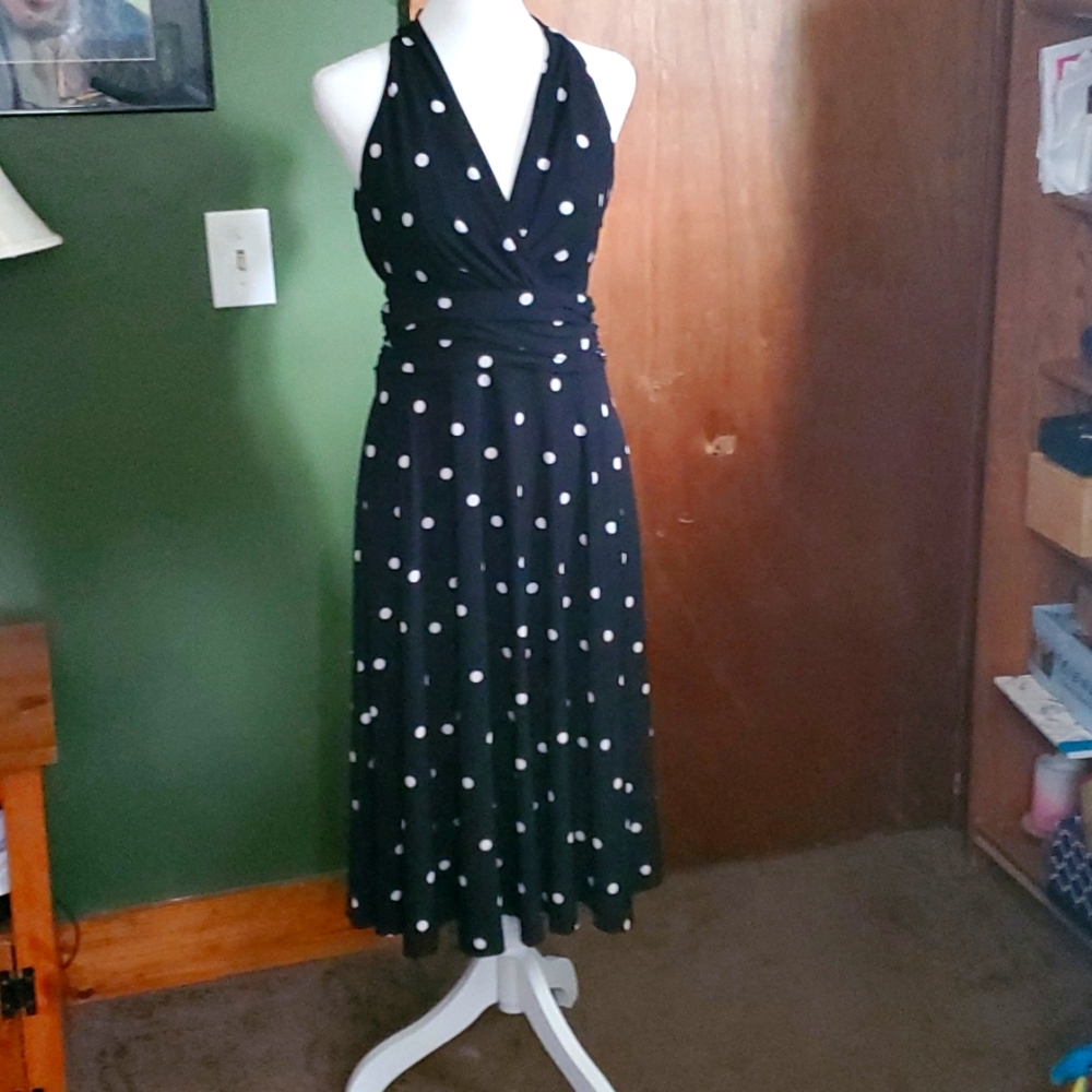 Chaps size M black dress with white polka-dots.